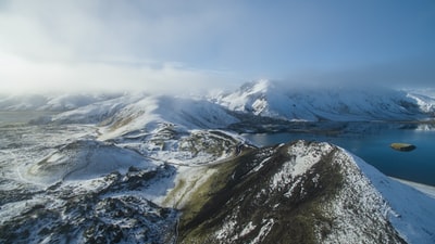 湖边雪山鸟瞰摄影